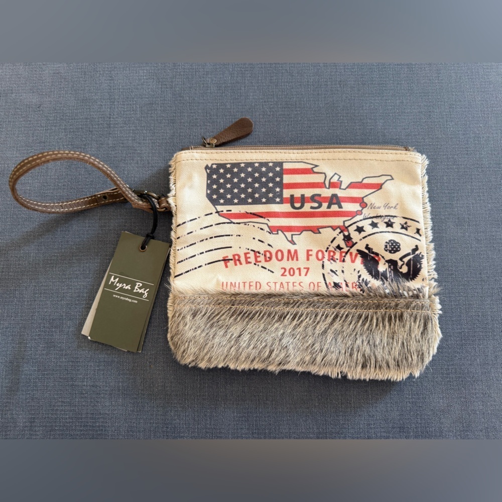 Myra Bag New York Verge Upcycled Canvas & Cowhide Leather Wristlet New Western